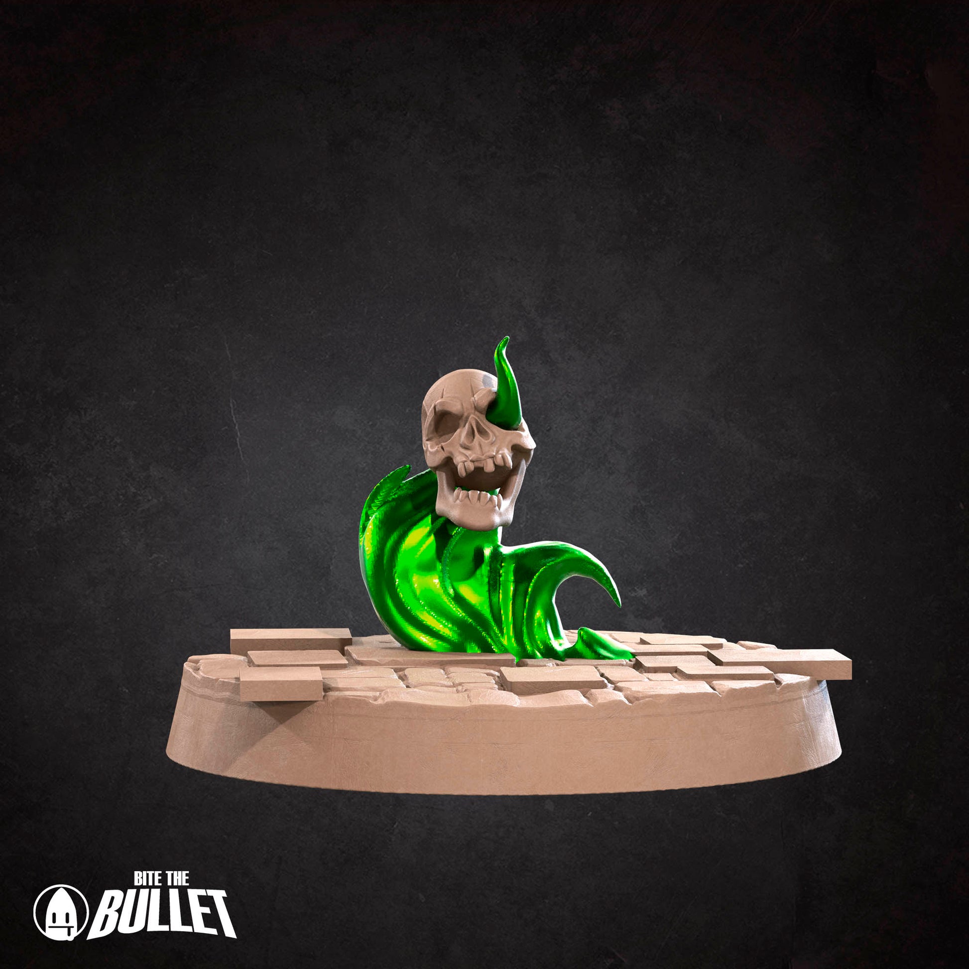 A 3D rendering of a skull with a green leaf-like object on top of it, set against a dark background.