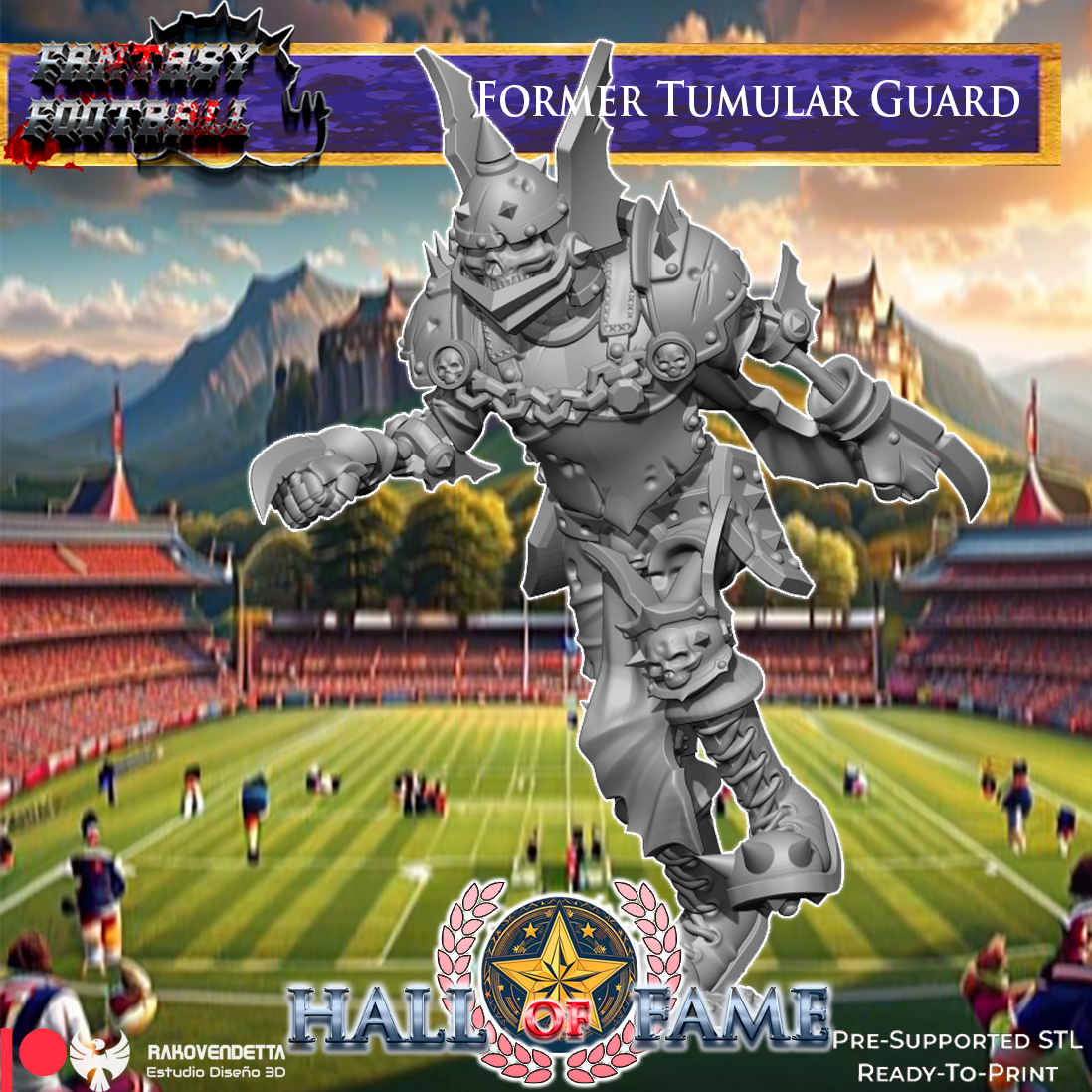 The image is a collage featuring a fantasy football player in a fantasy football game, with a football field and stadium in the background.