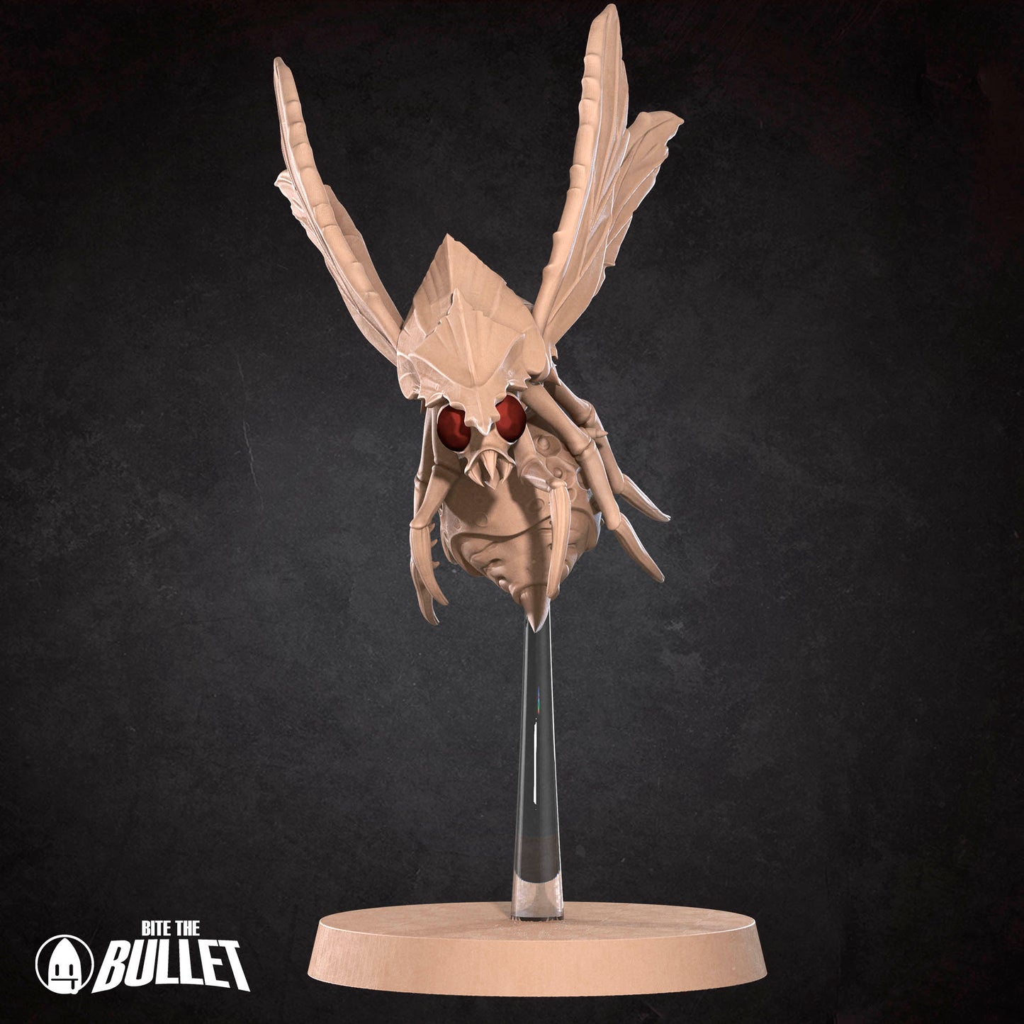 A 3D rendering of a large, winged creature with a pointed head and sharp teeth, standing on a wooden base.
