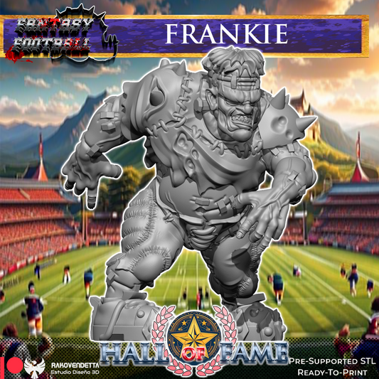 a large statue of a football player, specifically named "Frankie", standing on a field with a stadium in the background.