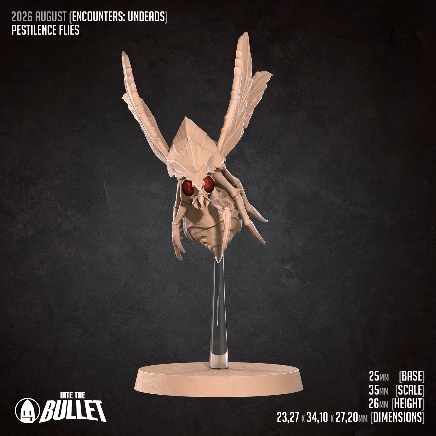 a 3D rendering of a pestilence fly, which is a type of insect that is commonly associated with the video game Bite the Bullet. The fly is depicted in a detailed and realistic manner, with its wings spread wide and its body oriented towards the viewer. The image is set against a dark background, which contrasts with the light-colored fly and makes it stand out prominently. The image does not contain any text or other objects, and it is the sole focus of the image.