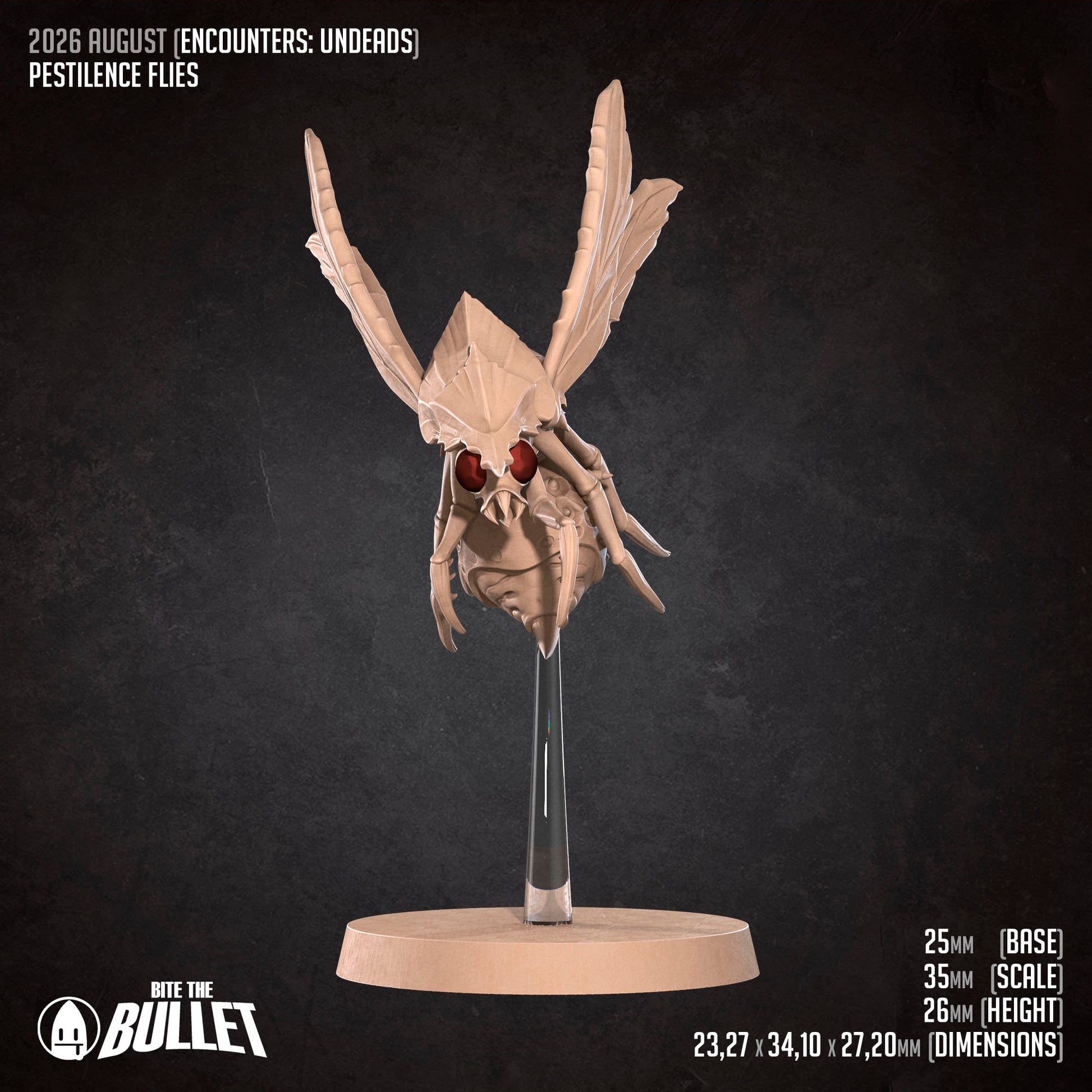 a 3D rendering of a pestilence fly, which is a type of insect that is commonly associated with the video game Bite the Bullet. The fly is depicted in a detailed and realistic manner, with its wings spread wide and its body oriented towards the viewer. The image is set against a dark background, which contrasts with the light-colored fly and makes it stand out prominently. The image does not contain any text or other objects, and it is the sole focus of the image.
