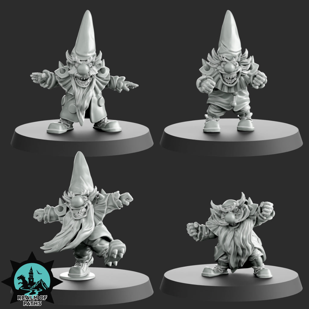four different views of a gnome figurine, each with unique poses and expressions.