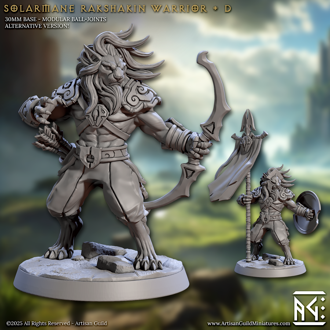 a detailed 3D model of a warrior figure, including a large warrior figure and a smaller warrior figure, both holding various weapons and armor. The warrior figure is set against a backdrop of a mountainous landscape, adding to the overall aesthetic of the image.