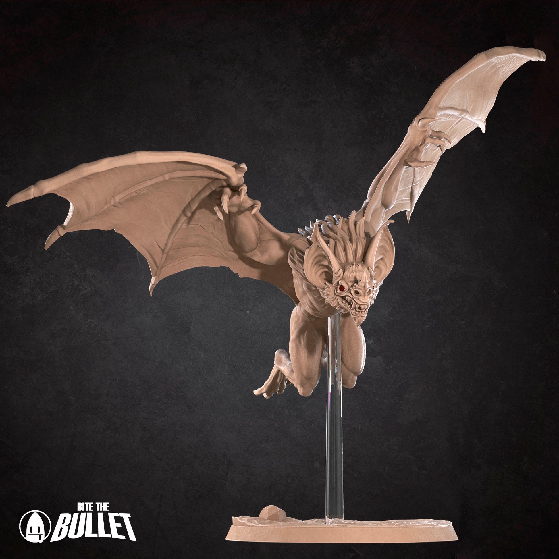 A detailed, winged bat-like creature with sharp teeth and claws, resembling a mythical or fantastical creature, is depicted in the image.