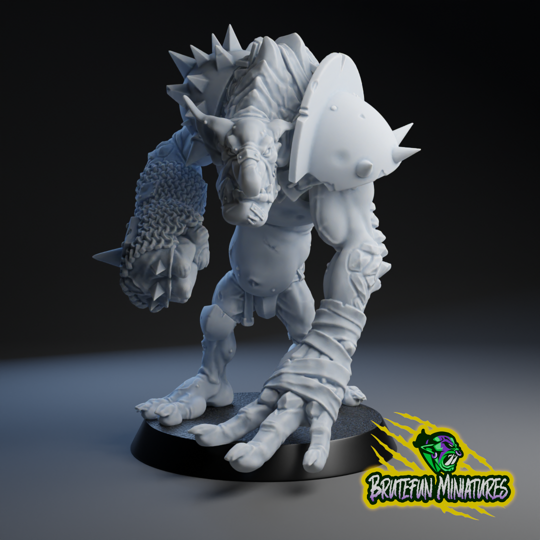 A 3D rendering of a heavily armored and battle-ready fantasy creature, possibly a mythical or magical being, with spikes and weapons.
