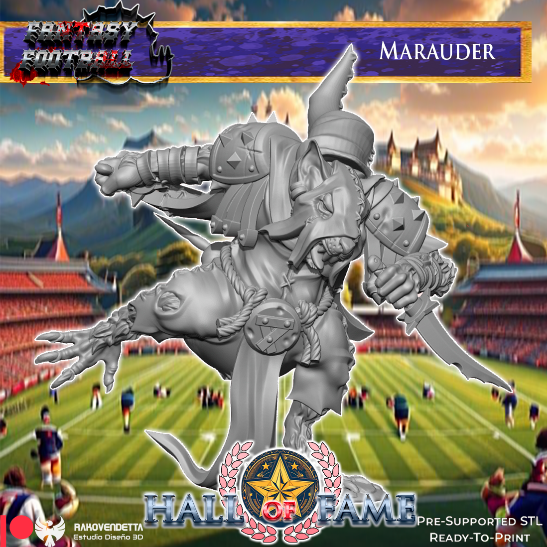 The image is a fantasy football advertisement featuring a large statue of a fantasy football player named Marauder, who is shown in a dynamic pose with his arms raised. The background depicts a football field with players and a stadium, creating a sense of action and excitement. The advertisement includes text that describes the statue as a "PRE-SUPPORTED SL" and "READY-TO-PRINT", indicating that it is a ready-to-print model of the fantasy football player.