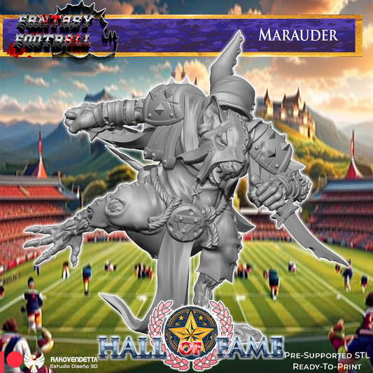 The image is a fantasy football advertisement featuring a large statue of a fantasy football player named Marauder, who is shown in a dynamic pose with his arms raised. The background depicts a football field with players and a stadium, creating a sense of action and excitement. The advertisement includes text that describes the statue as a "PRE-SUPPORTED SL" and "READY-TO-PRINT", indicating that it is a ready-to-print model of the fantasy football player.