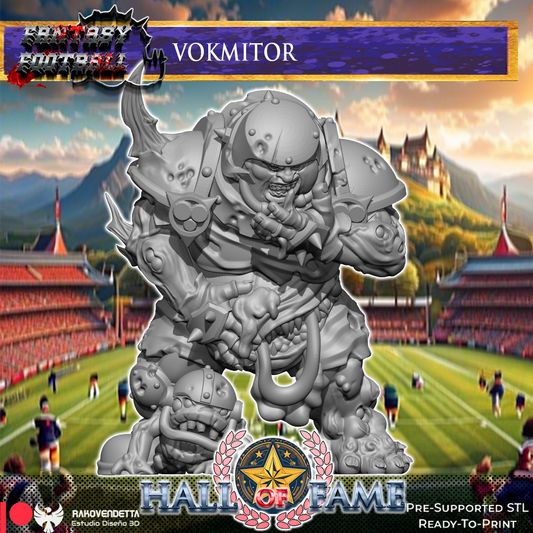 The image is a fantasy football player, specifically a character named Vokmitor, depicted in a 3D model. The background features a football stadium and a castle, creating a fantasy football setting.