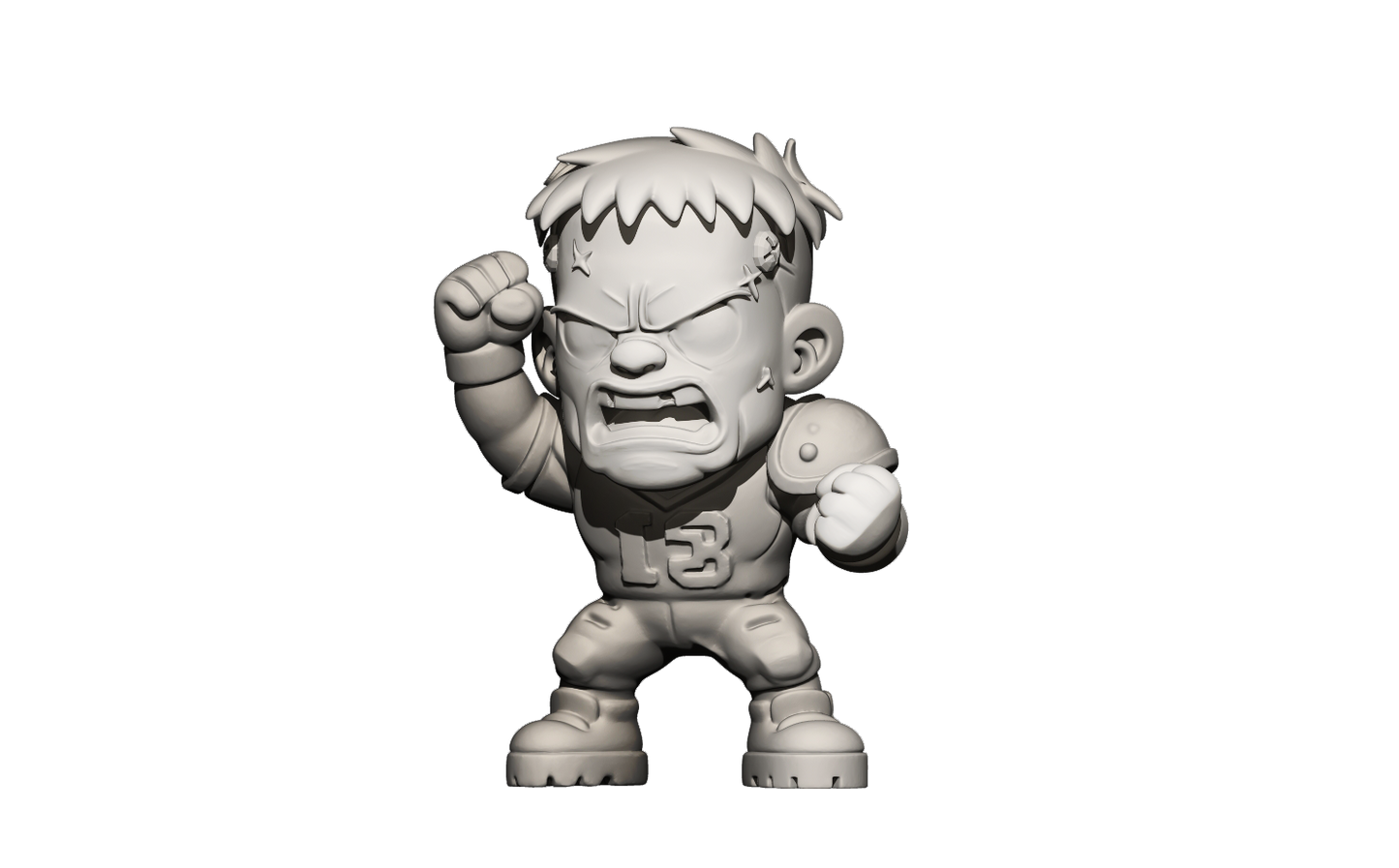 A 3D model of a cartoon character with a fierce expression, wearing a sports jersey and holding a fist.