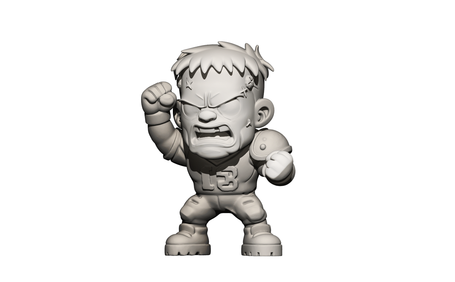 A 3D model of a cartoon character with a fierce expression, wearing a sports jersey and holding a fist.