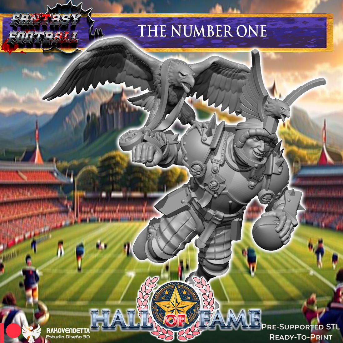 The image is a promotional poster for a fantasy football game called "The Number One". It features a large eagle statue with wings spread wide, holding a football, and a football player in action on a football field. The background includes a stadium and mountains, creating a fantasy football setting.