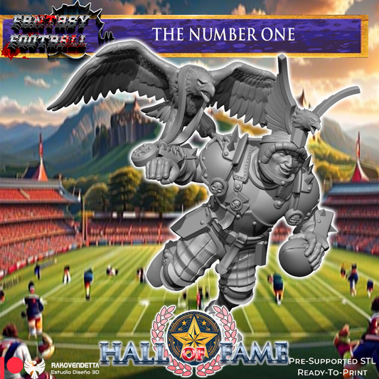 The image is a promotional poster for a fantasy football game called "The Number One". It features a large eagle statue with wings spread wide, holding a football, and a football player in action on a football field. The background includes a stadium and mountains, creating a fantasy football setting.