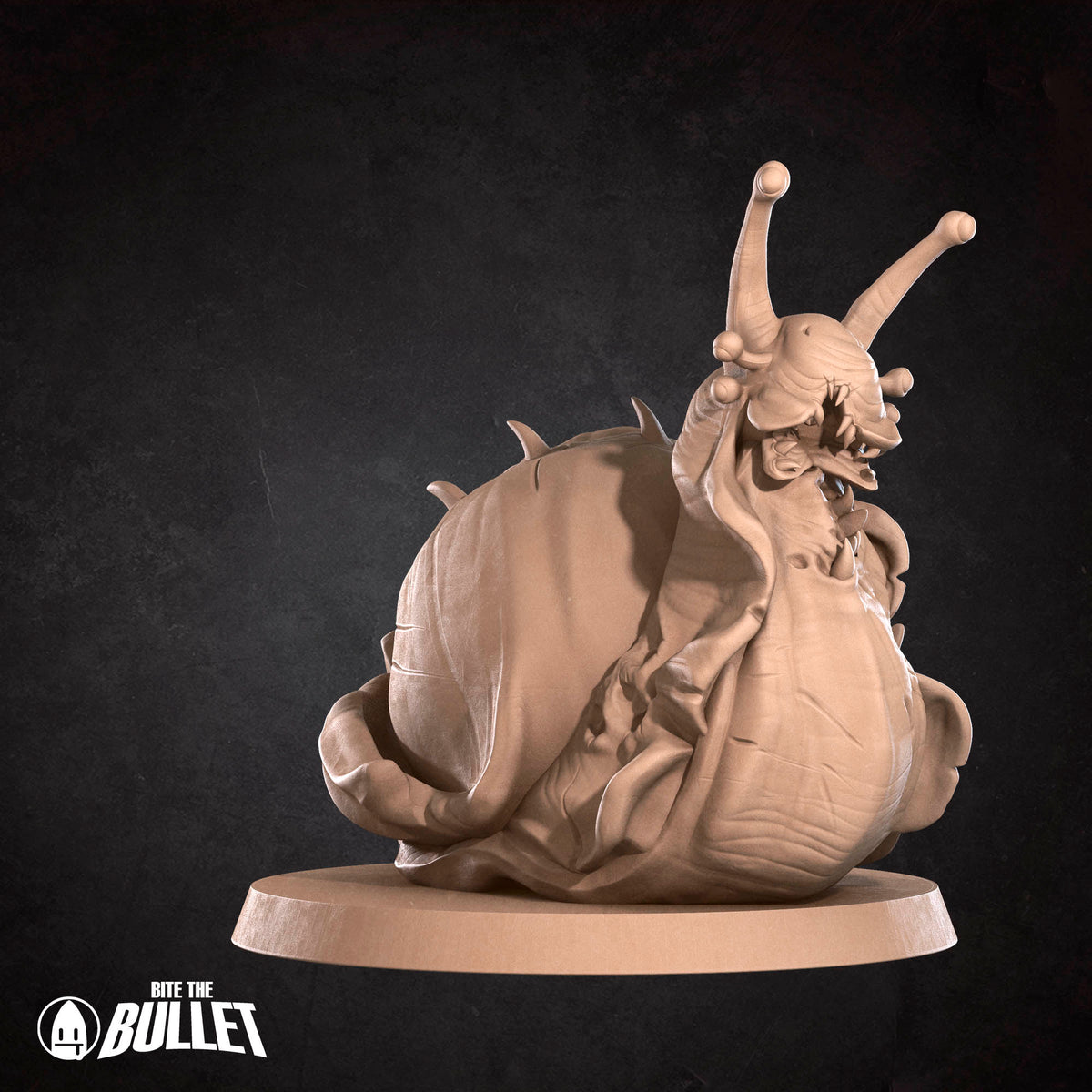A 3D rendering of a snail-like creature with a large head and sharp teeth, sitting on a base.