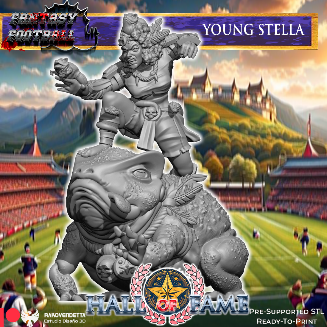 The image is a fantasy football advertisement featuring a statue of a young warrior standing atop a large dragon-like creature. The background depicts a football stadium with players on the field.