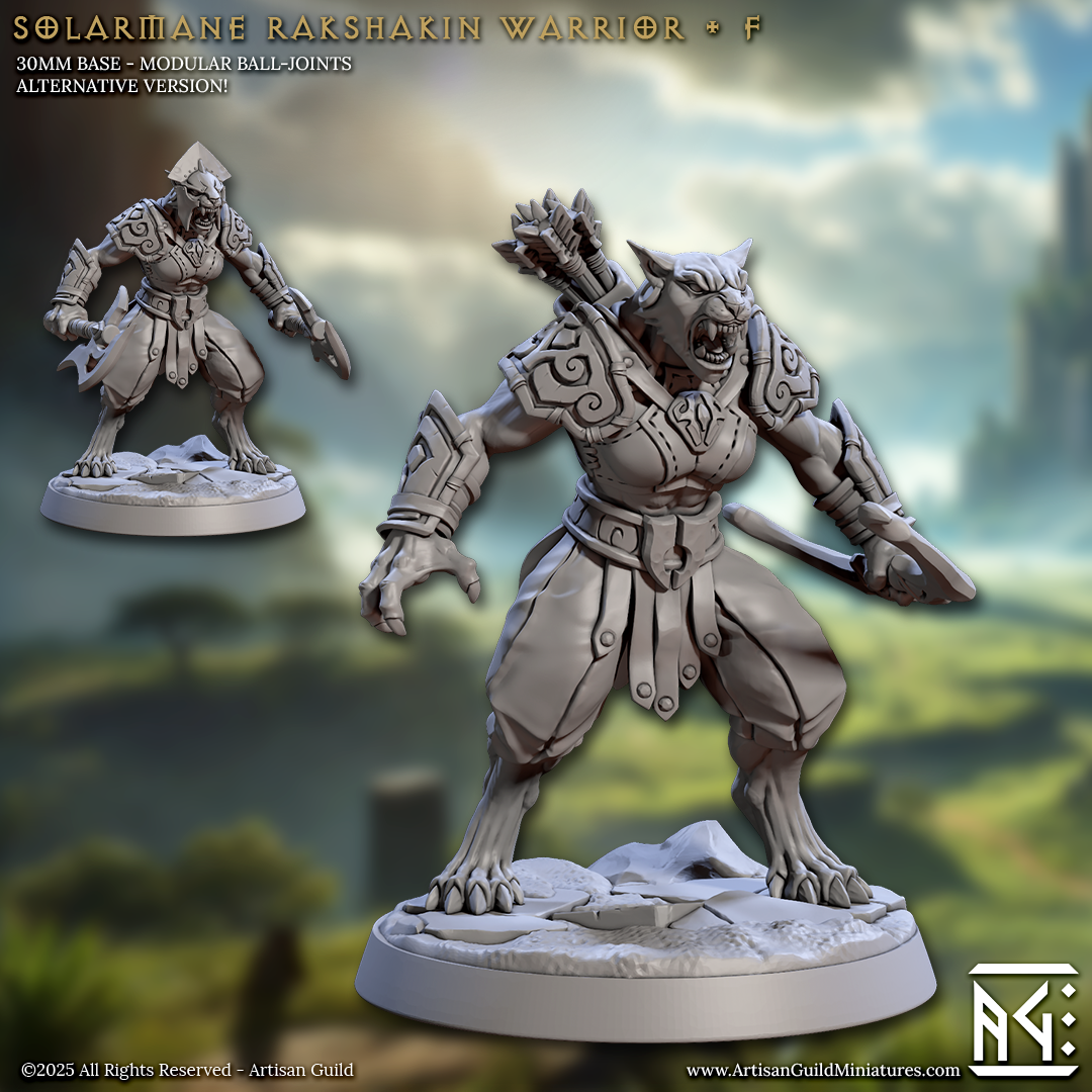 a 3D model of a warrior figurine, specifically the Solar Mane Rakhakin Warrior, with a detailed and intricate design.