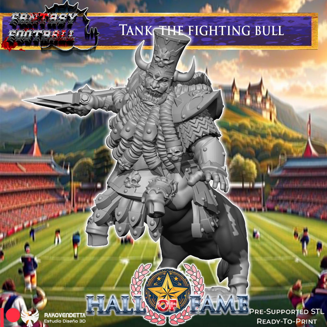 The image is a fantasy football advertisement featuring a large, armored figure of a bull-like creature with a helmet and a sword, standing on a football field. The background depicts a fantasy football stadium with players on the field.