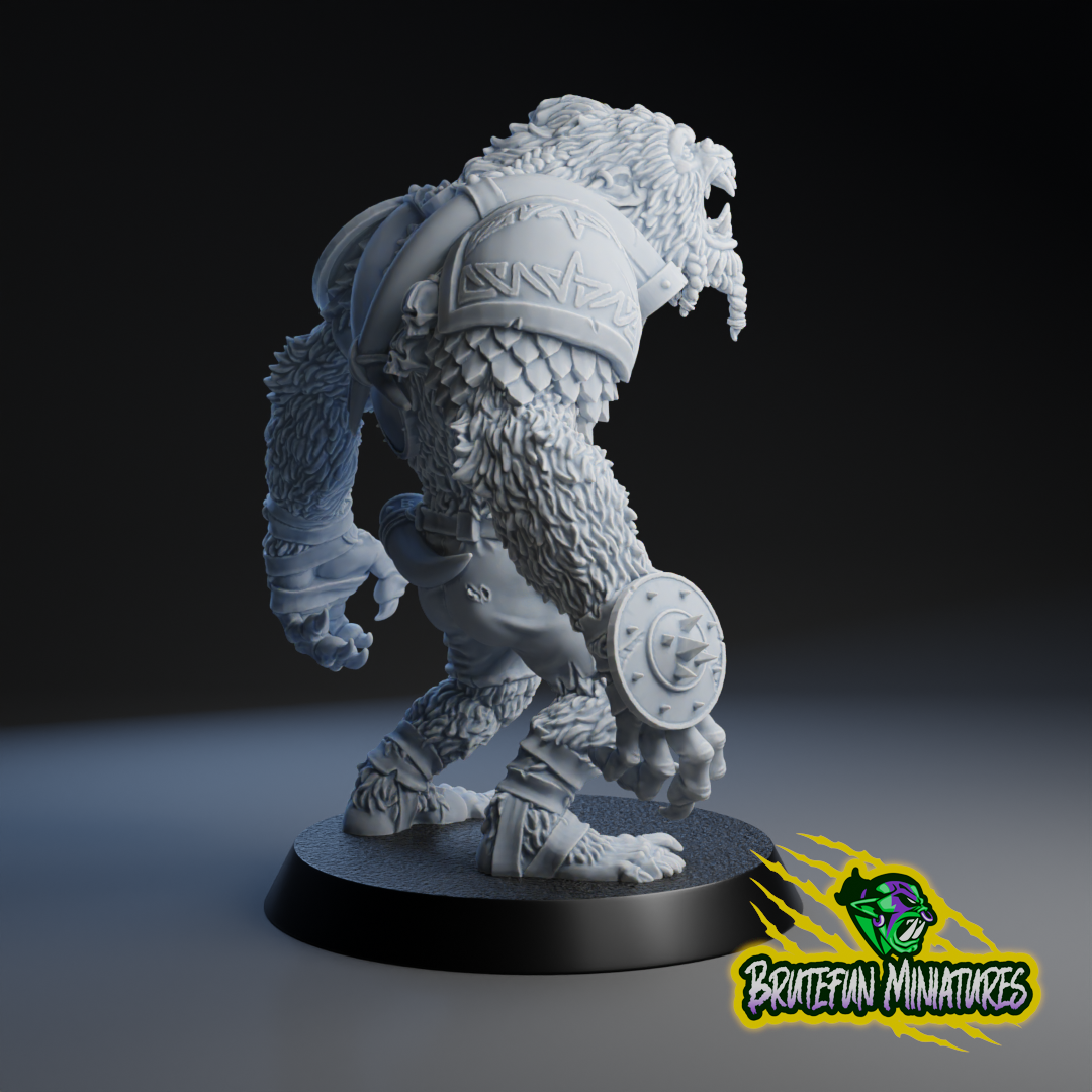 A 3D model of a fierce-looking monster or dragon-like creature, with sharp teeth and claws, standing on a platform.