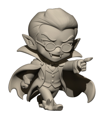 A 3D model of a character resembling a vampire or vampire-like figure, with a cape, glasses, and a pointed finger.
