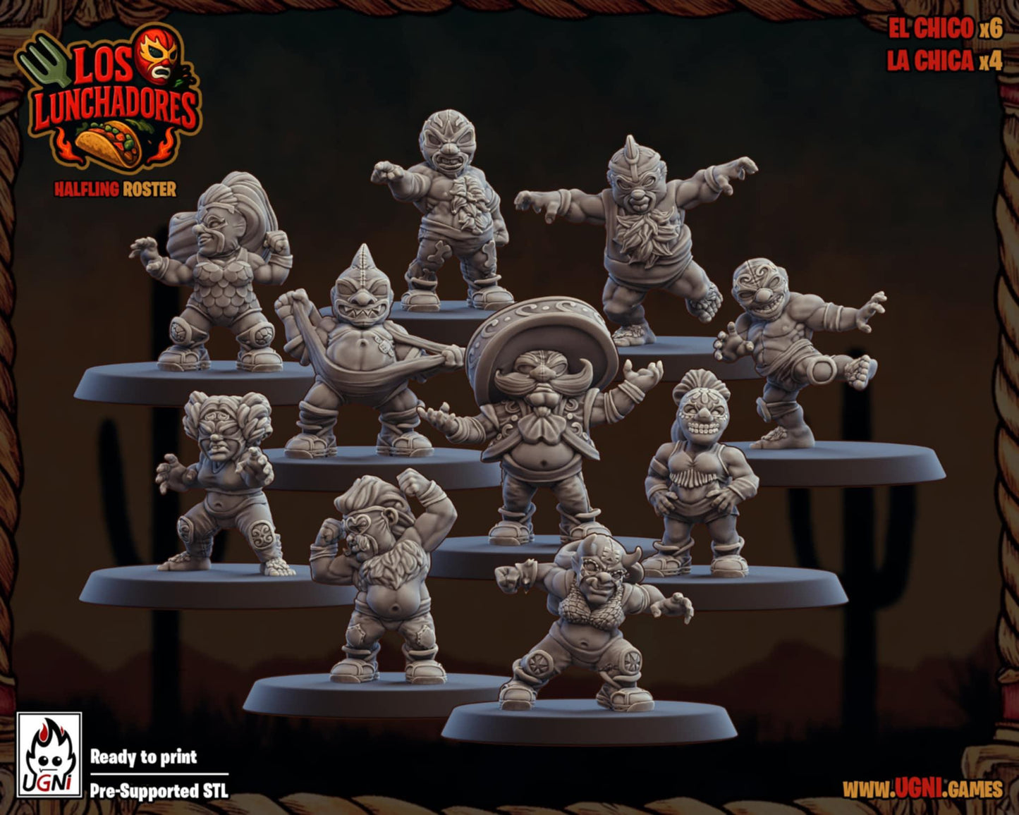 Los Lunchadores | Halfling Team | Stunty | Fantasy Football | Bases Included | 3D Printed Miniatures | 12K Quality | Ugni Miniatures