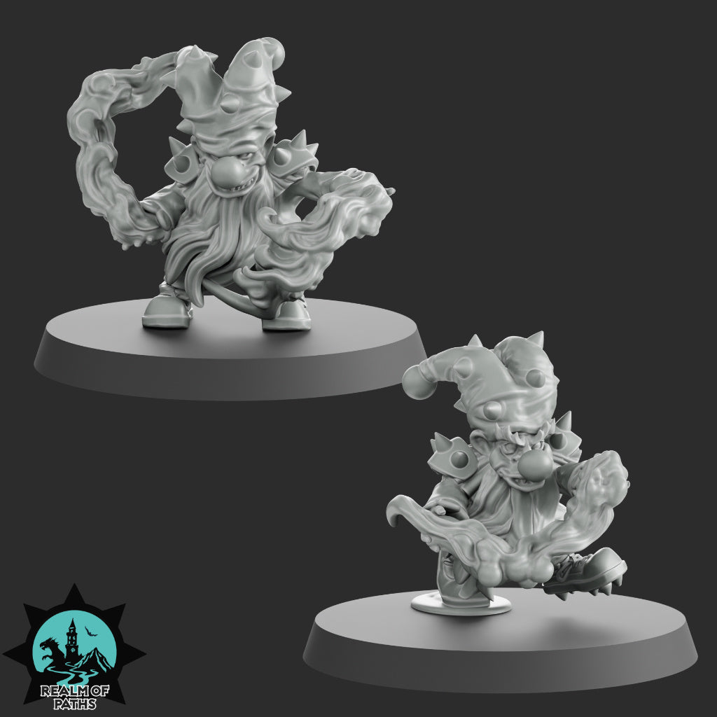two 3D models of gnome-like characters, each on a circular base.