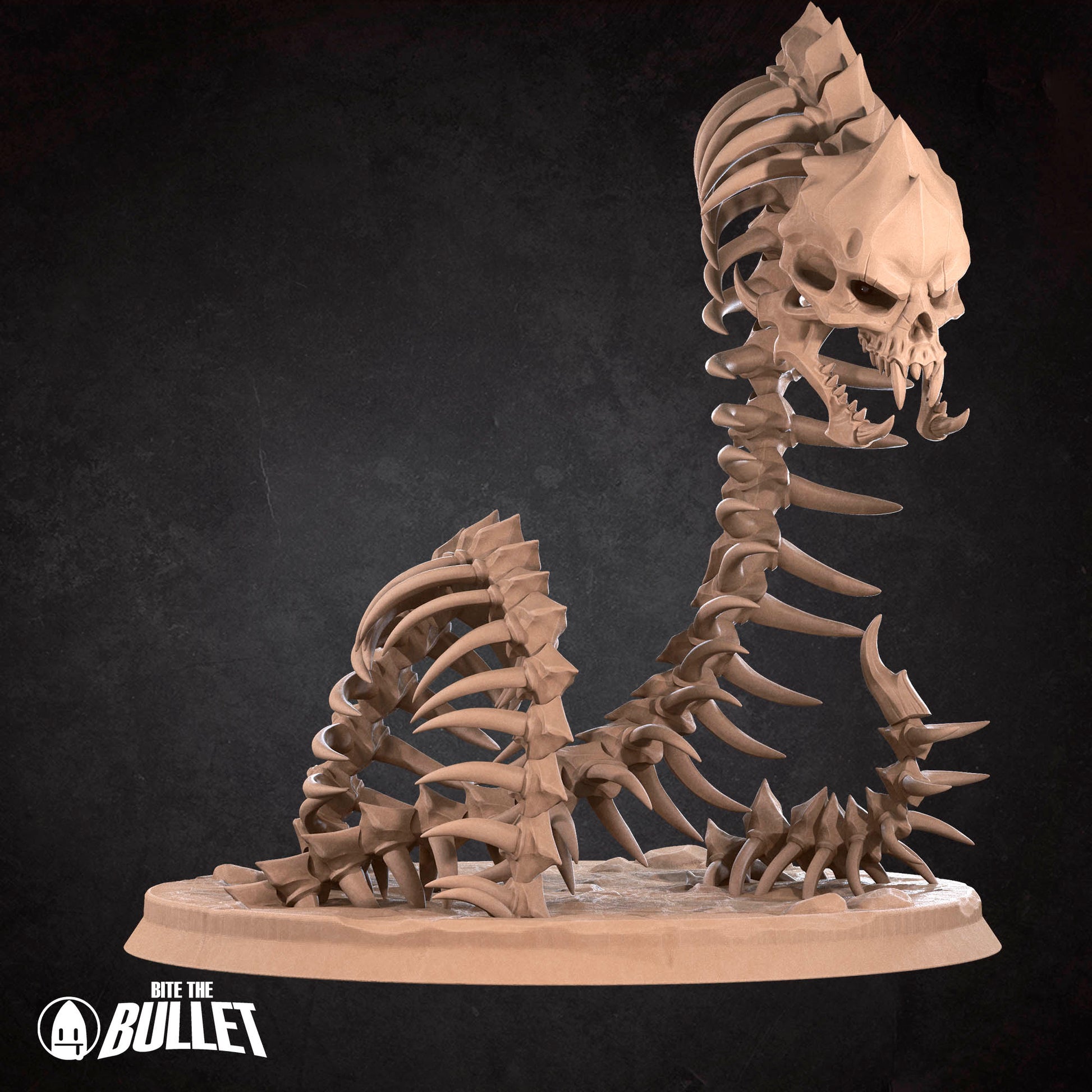 A 3D rendering of a skeletal structure resembling a snake or cobra, with sharp teeth and a menacing appearance.