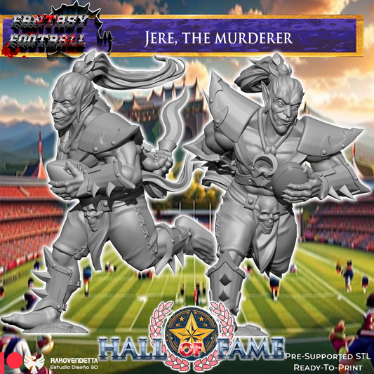 The image is a promotional poster for a fantasy football game called "Jere, The Murderer". It features two fantasy football players, one in the foreground and one in the background, standing on a football field. The background depicts a stadium filled with spectators.