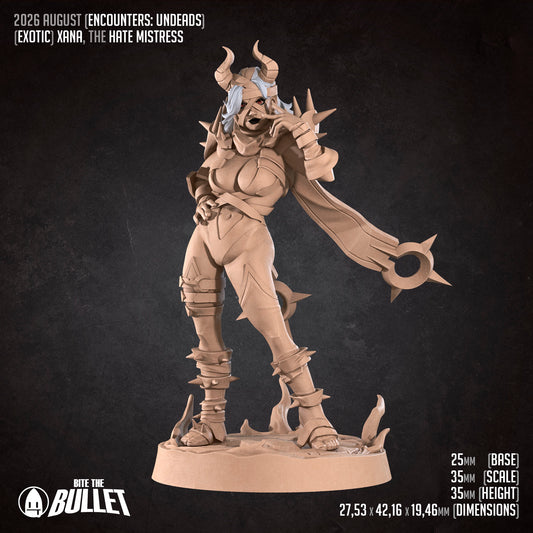 The image is a 3D rendering of a female character with horns and a fierce expression, standing on a base and holding a weapon. The character appears to be from the video game "Xana: The Hate Mistress".