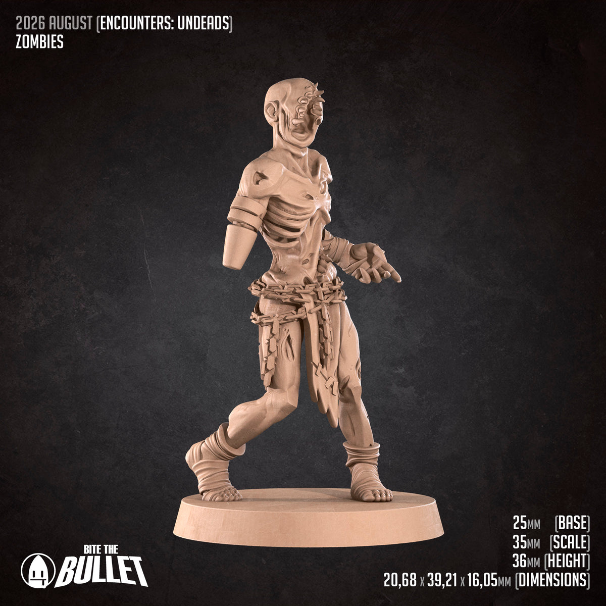 The image is a 3D rendering of a zombie character from the video game Bite the Bullet, which is set for release in August 2026.