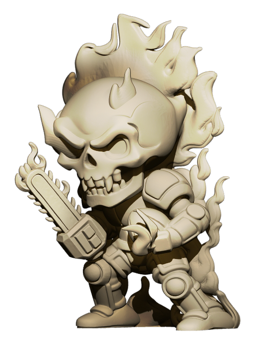 A 3D rendering of a skull-like character with flames emanating from its head, holding a chainsaw in its hand.