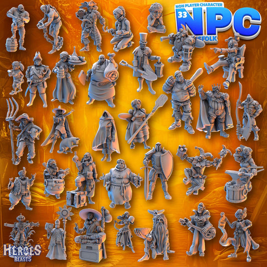NPCs Vol.1 | 31 Miniatures | Medium | 32mm Scale | Townsfolk | Commoners | Heroes and Beasts | Dungeons and Dragons | TTRPG