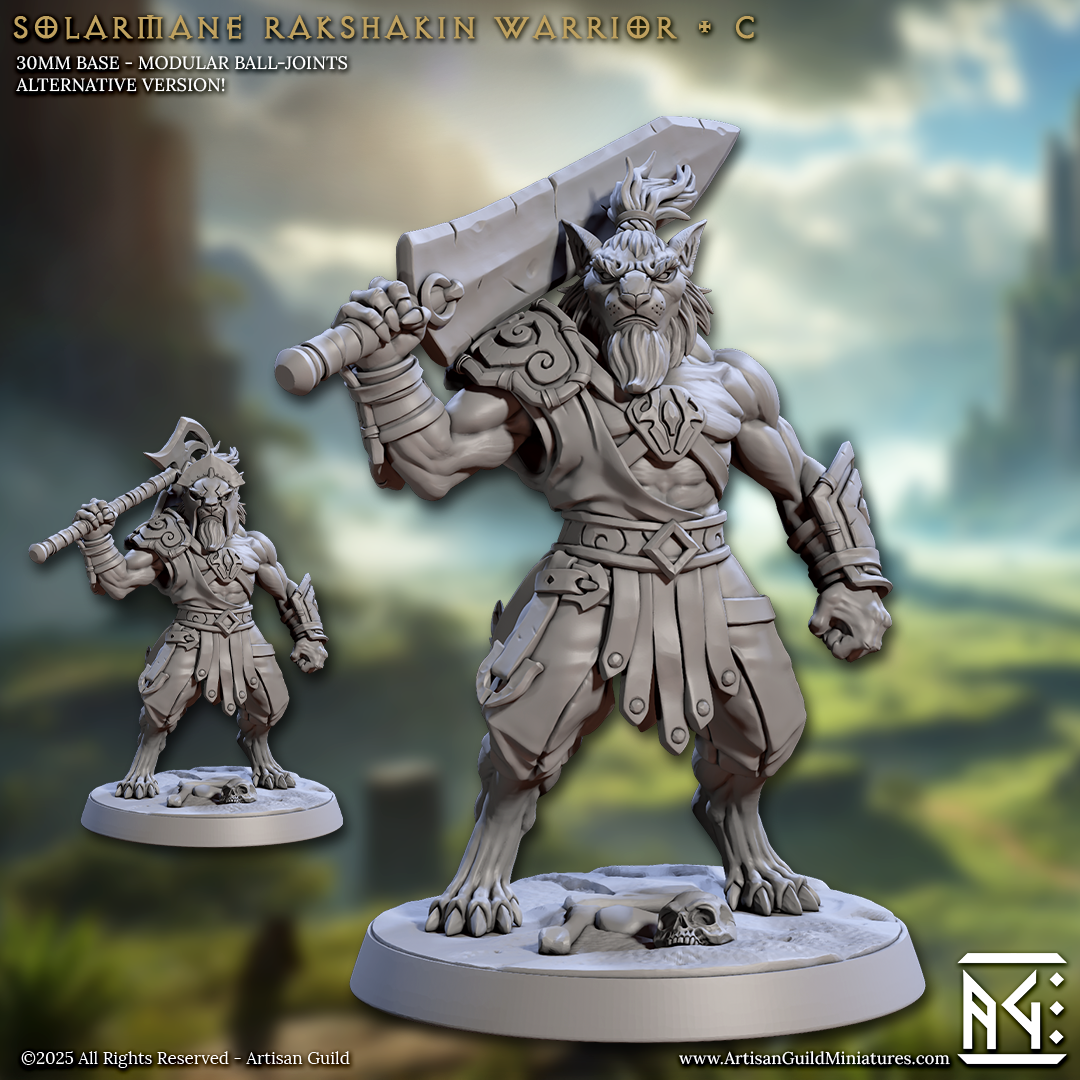 a 3D model of a warrior figurine, specifically the Solar Mane Rakhakin Warrior, which is a character from the video game series Artisan Guild. The warrior is depicted in a dynamic pose, holding a large sword and standing on a base. The image showcases the warrior in a detailed and realistic manner, highlighting the intricate design and craftsmanship of the figurine.