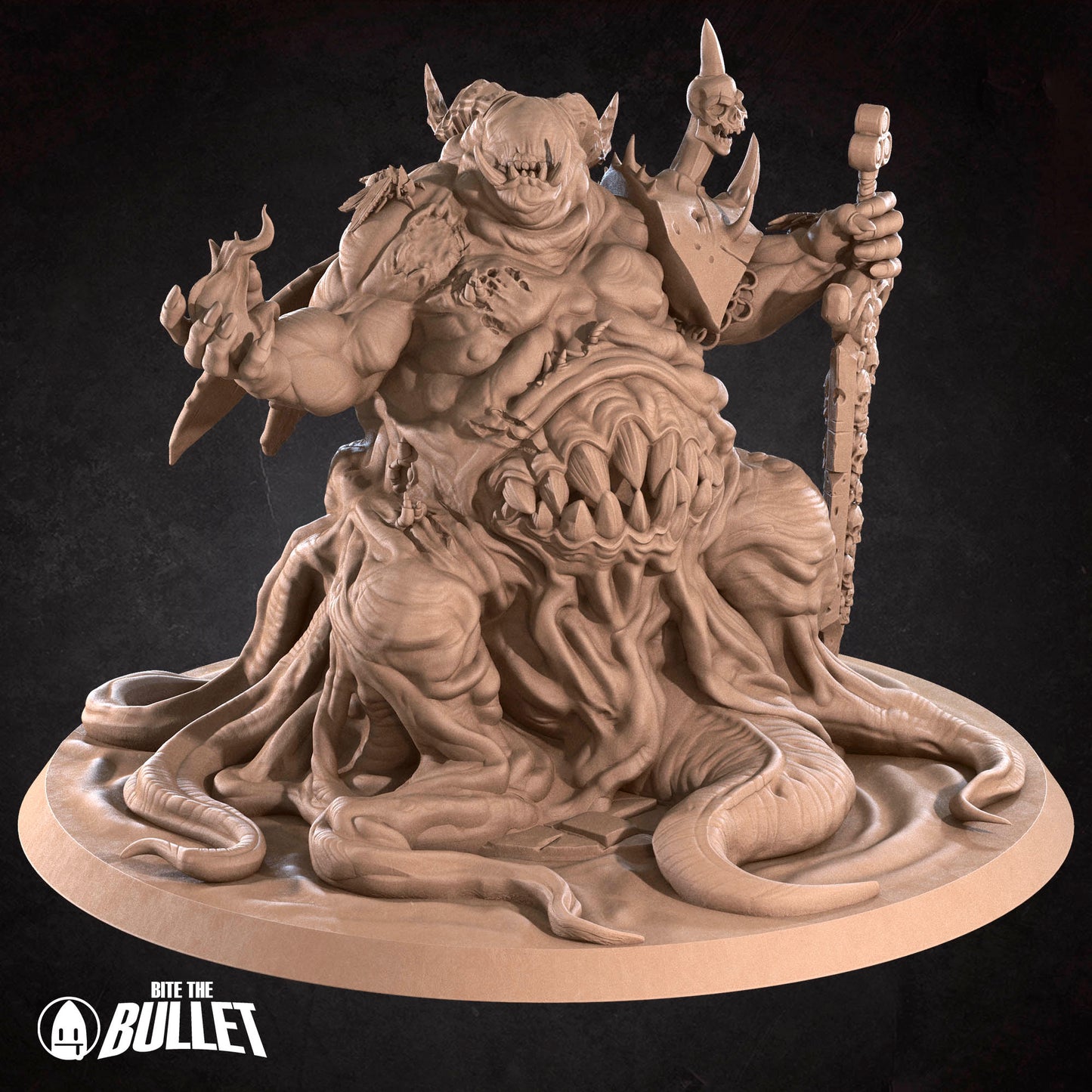 A 3D rendering of a large, monstrous creature with a twisted, gnarled body and sharp teeth, holding a staff and surrounded by tentacles.