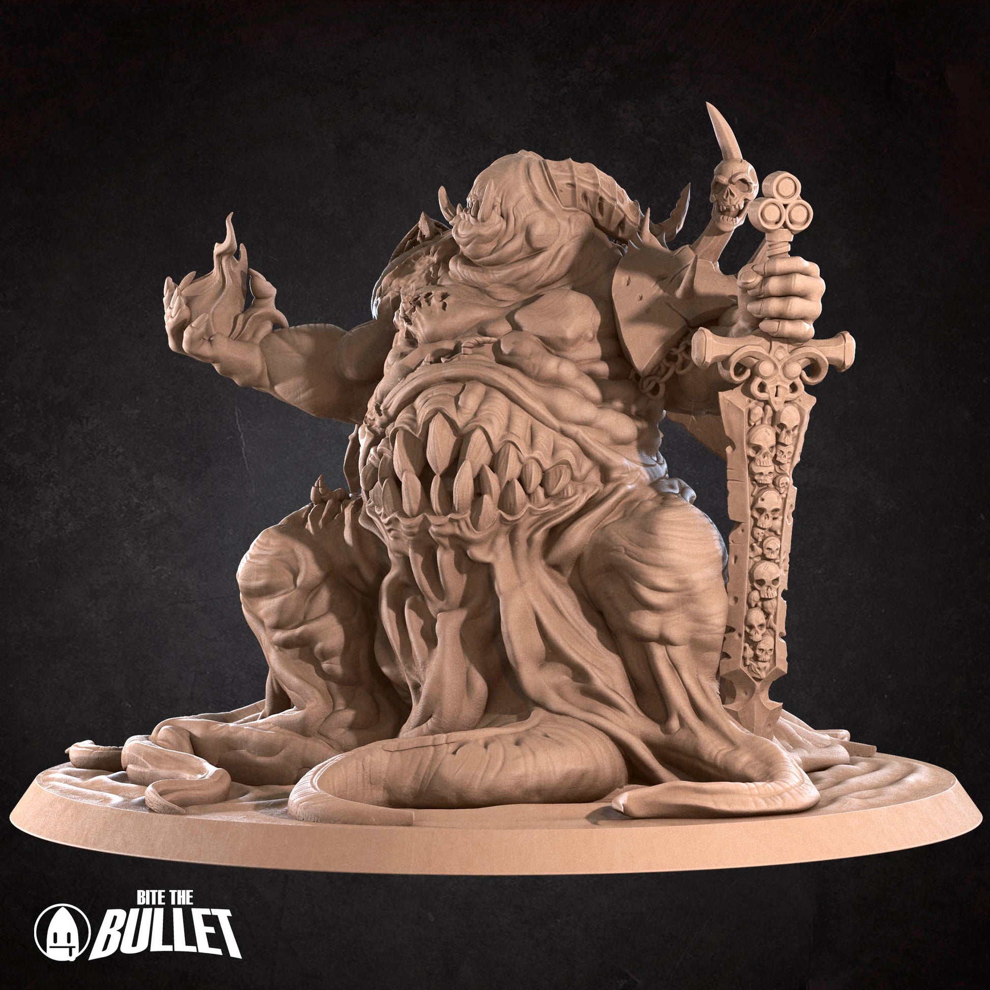 A 3D rendering of a fantastical creature, possibly a monster or a dragon, with a large head, sharp teeth, and a sword in its hand. The creature appears to be sitting or kneeling on a rock or pedestal, with a dark background.