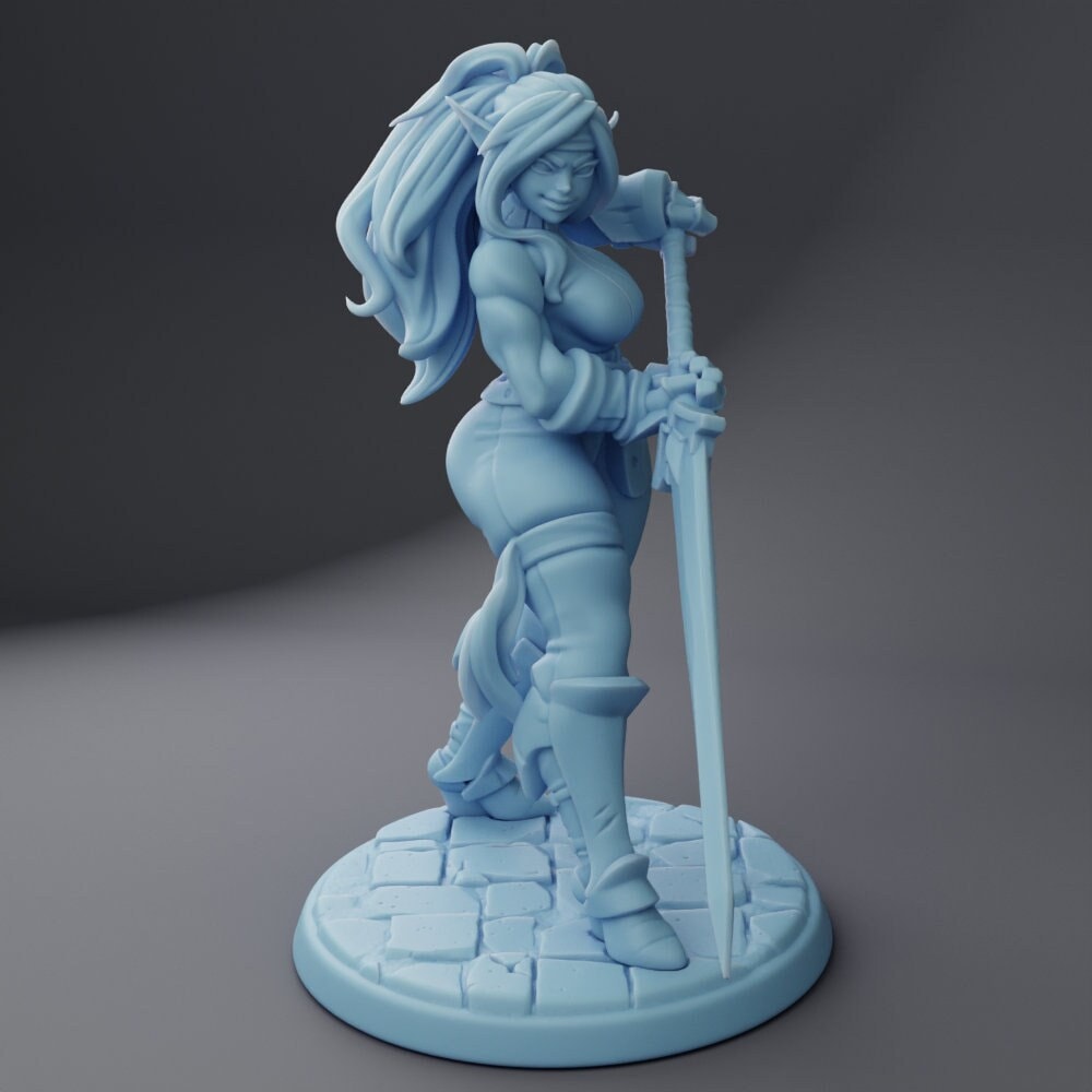 Sybil the Elf Warrior | Medium | 32mm | Twin Goddess Miniatures | Dungeons and Dragons | Pathfinder | TTRPG