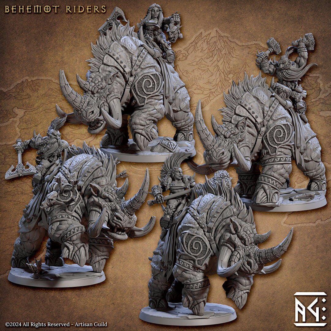 Behemot Riders | Large | 50mm Base | 32mm | The Quest for Goldvein | Artisan Guild | Dungeons and Dragons | Dwarf Berserker | Hero Character