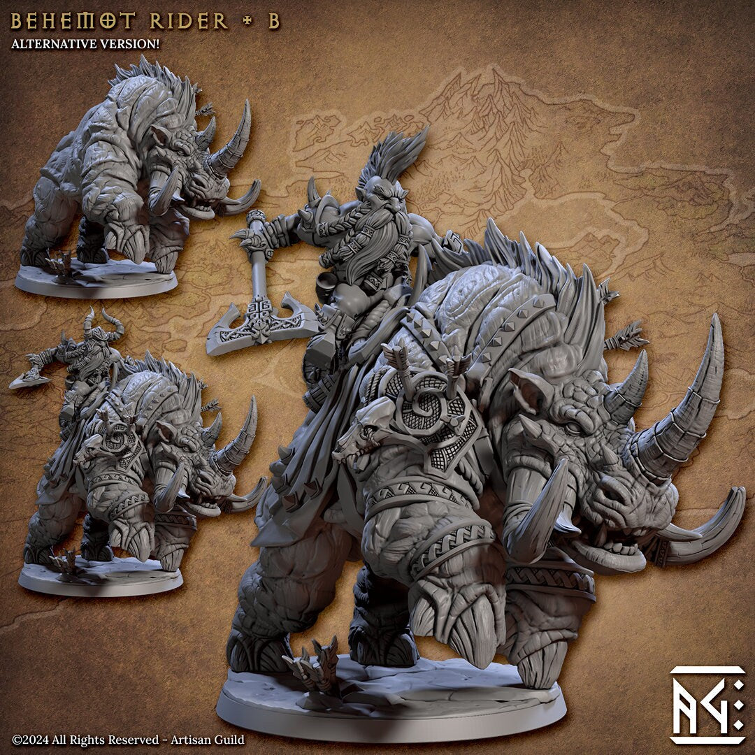 Behemot Riders | Large | 50mm Base | 32mm | The Quest for Goldvein | Artisan Guild | Dungeons and Dragons | Dwarf Berserker | Hero Character