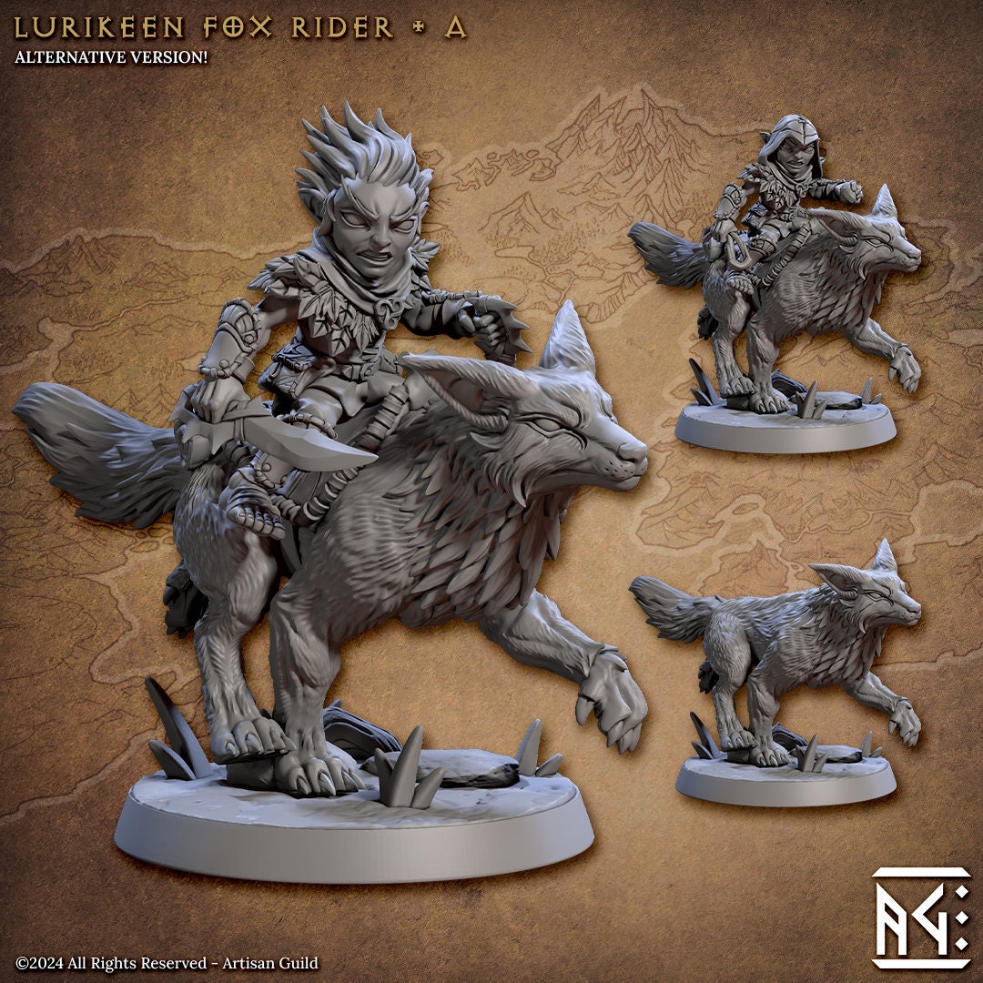 Lurikeen Fox Riders | Large | 32mm | Fox Mounts | Deeproot Lurikeens | Elf | Gnome | Halfling | Dungeons and Dragons | Artisan Guild