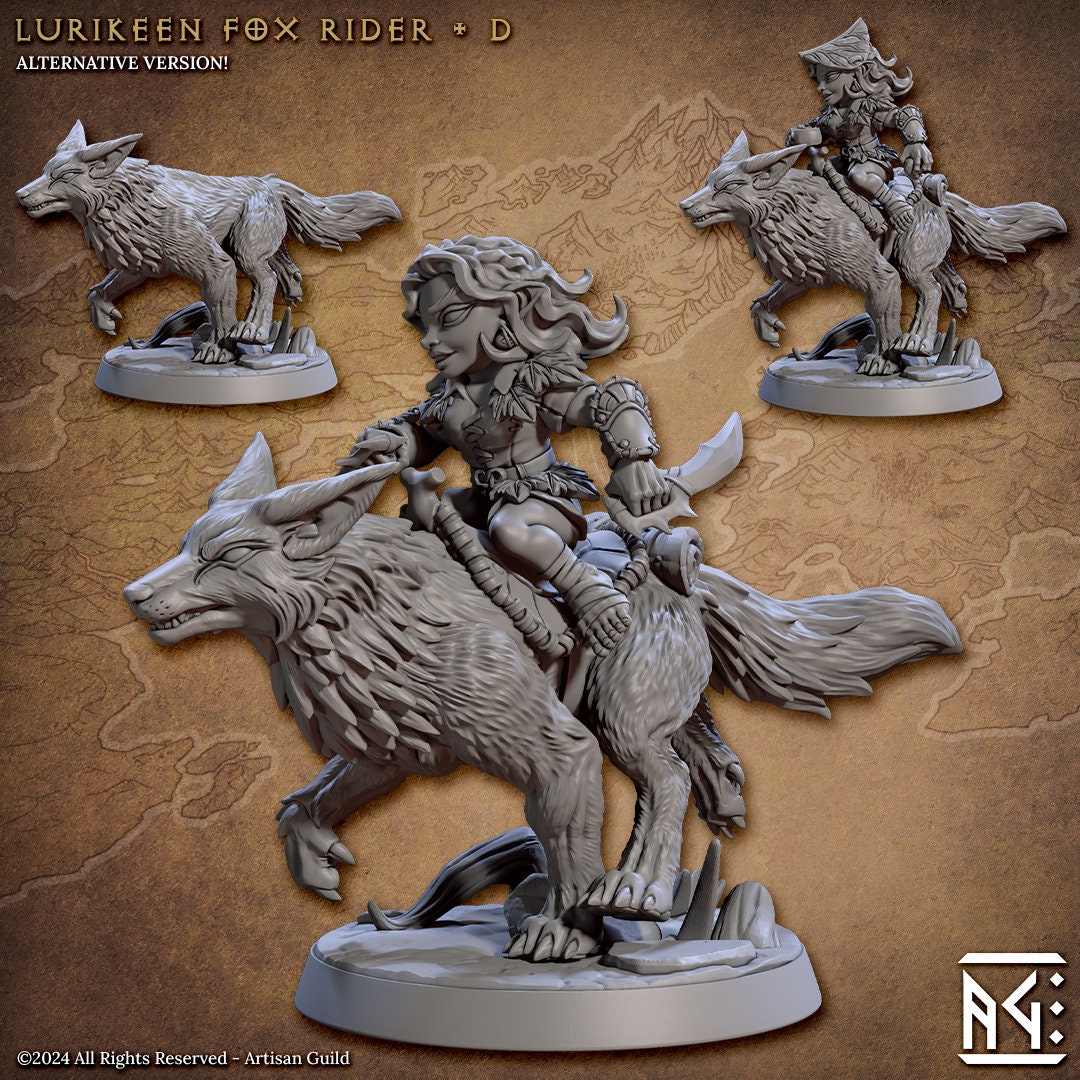 Lurikeen Fox Riders | Large | 32mm | Fox Mounts | Deeproot Lurikeens | Elf | Gnome | Halfling | Dungeons and Dragons | Artisan Guild