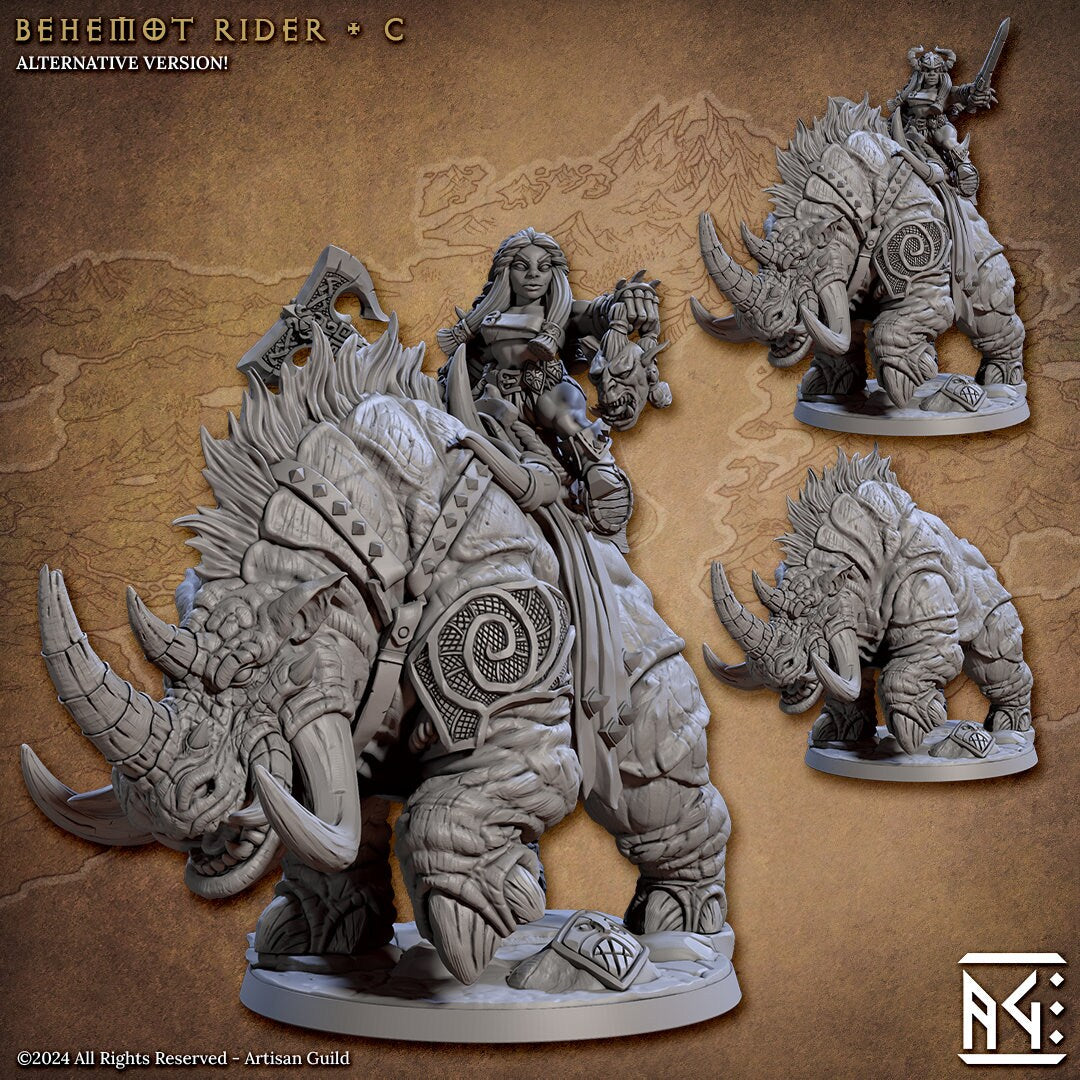 Behemot Riders | Large | 50mm Base | 32mm | The Quest for Goldvein | Artisan Guild | Dungeons and Dragons | Dwarf Berserker | Hero Character