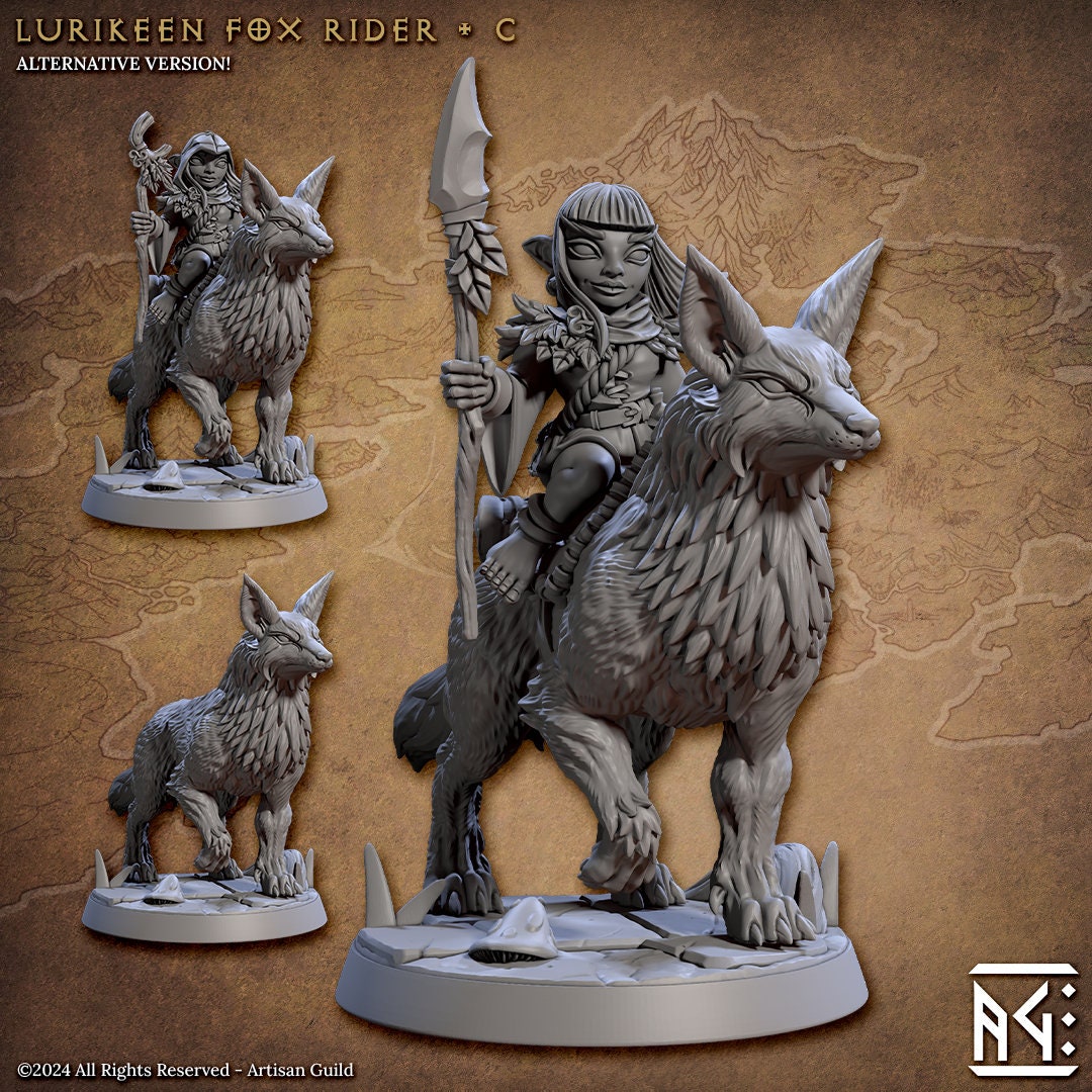 Lurikeen Fox Riders | Large | 32mm | Fox Mounts | Deeproot Lurikeens | Elf | Gnome | Halfling | Dungeons and Dragons | Artisan Guild