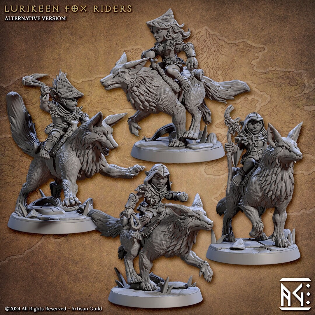 Lurikeen Fox Riders | Large | 32mm | Fox Mounts | Deeproot Lurikeens | Elf | Gnome | Halfling | Dungeons and Dragons | Artisan Guild