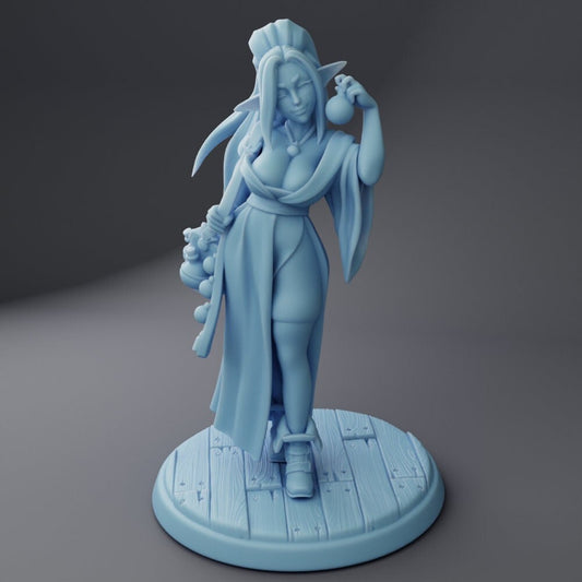 Silfie the Love Potion Merchant | Medium | 2 Variants | 32mm Scale | Twin Goddess Miniatures | Dungeons and Dragons | Elf | Shopkeeper | NPC