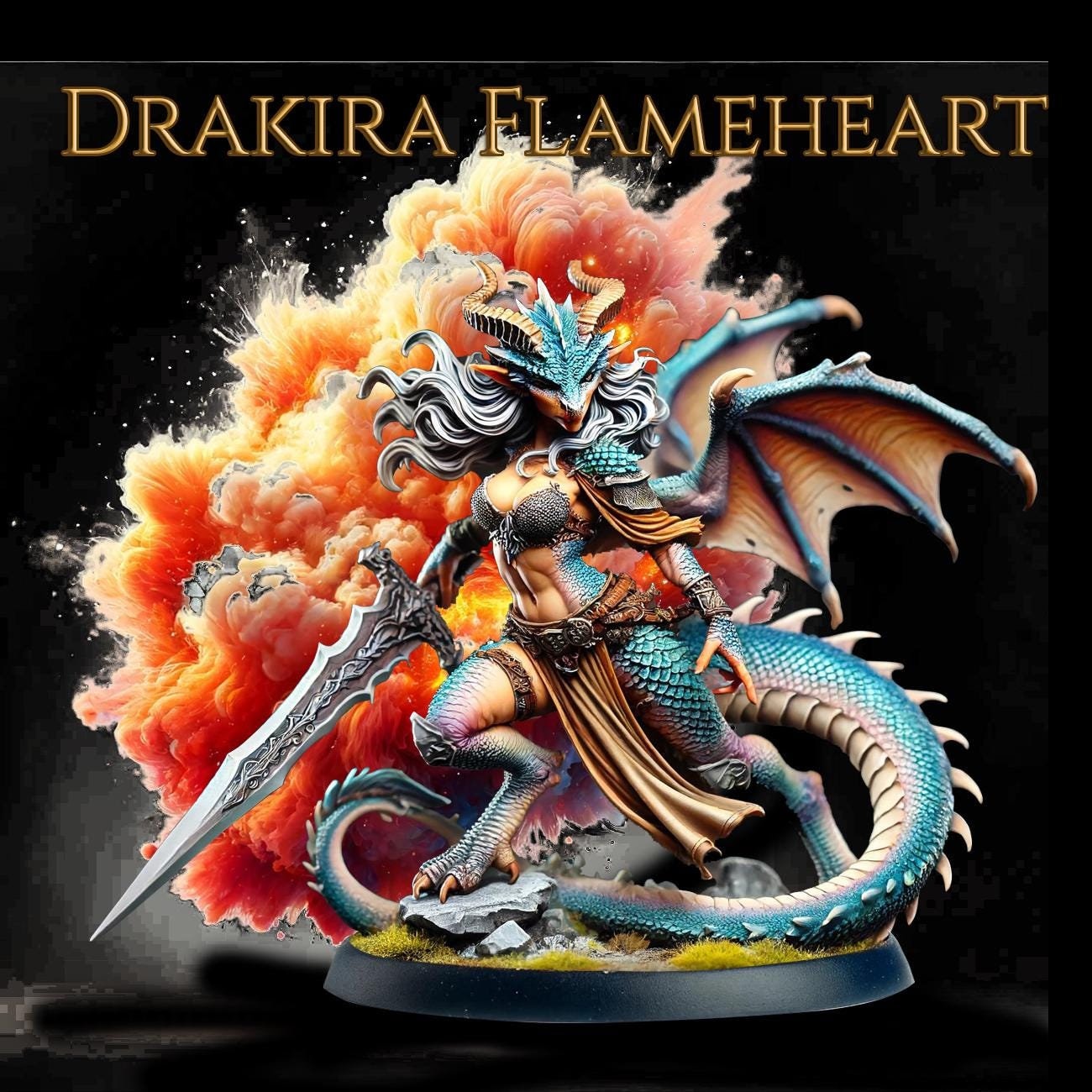 Drakira Flameheart | 75mm Scale | Pinup Model | NSFW Options | Barbarian Savage Souls | Dungeons and Dragons | TTRPG | Castor Miniatures