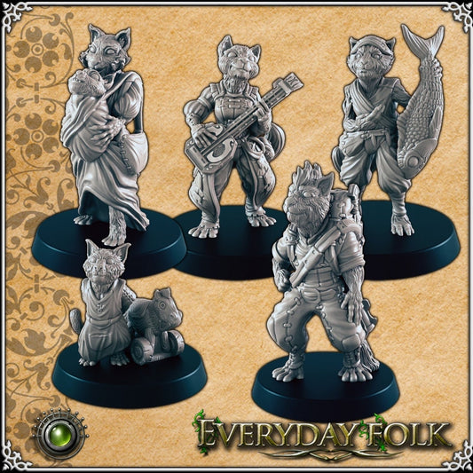 Catfolk | 5 Models | Medium | 32mm | EC3D | Everyday Folk | Villagers | Townsfolk