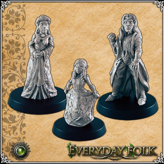 Elven Nobles | 3 Models | Medium | 32mm | EC3D | Everyday Folk | Villagers | Townsfolk